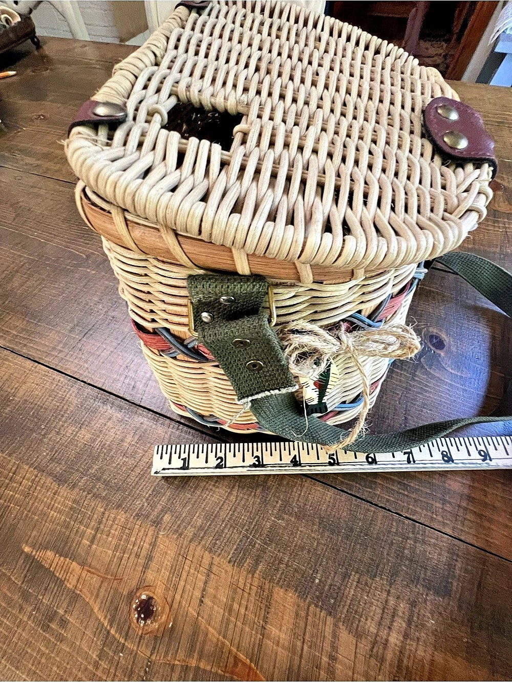 Fishing Creel Basket Woven Shoulder Bag Beige & Brown - Picture 6 of 7